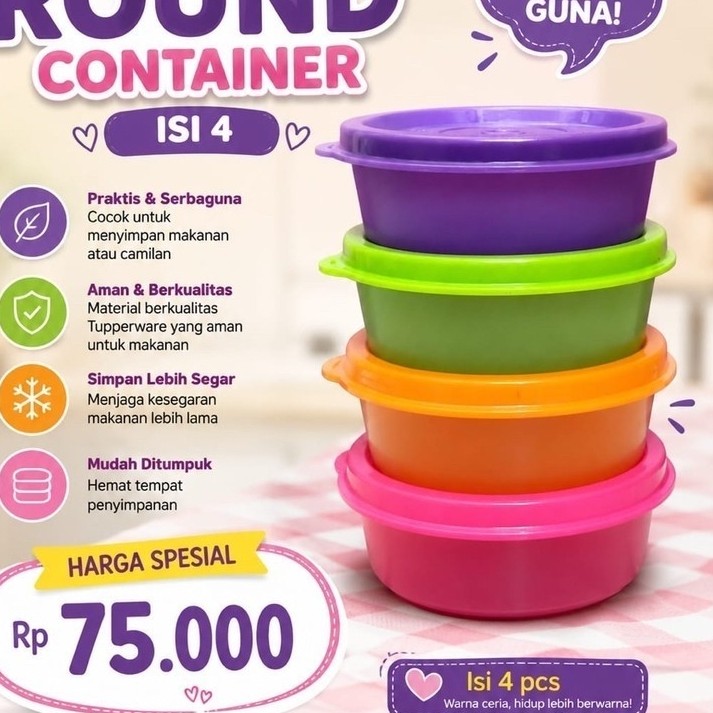 TUPPERWARE 4 pcs Warna WarniSmall Round Tupperware Plastik Bulat Pendek Untuk Makanan Kecil Banyak W