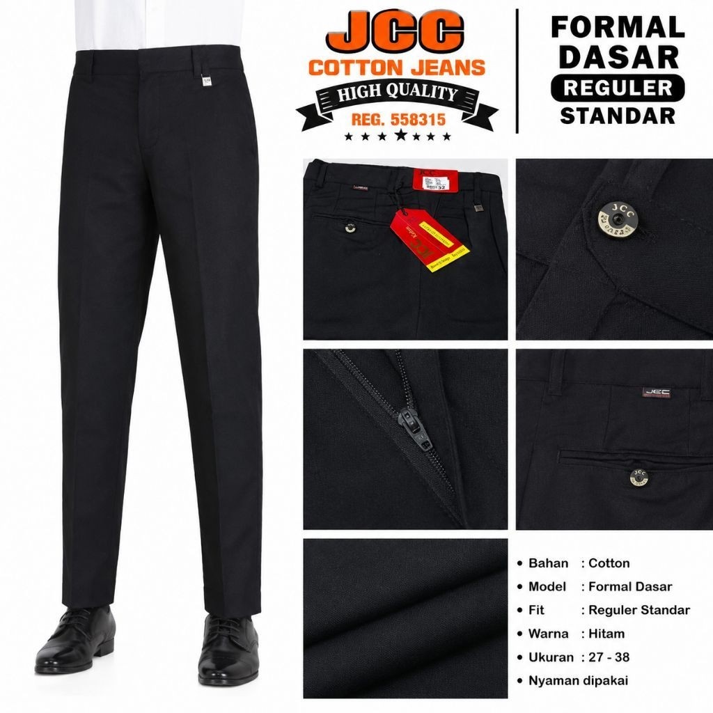 Celana Panjang Formal Original JCC Reguler Standar Hitam 100% Katun Dasar Celana Kantor/Celana Kerja