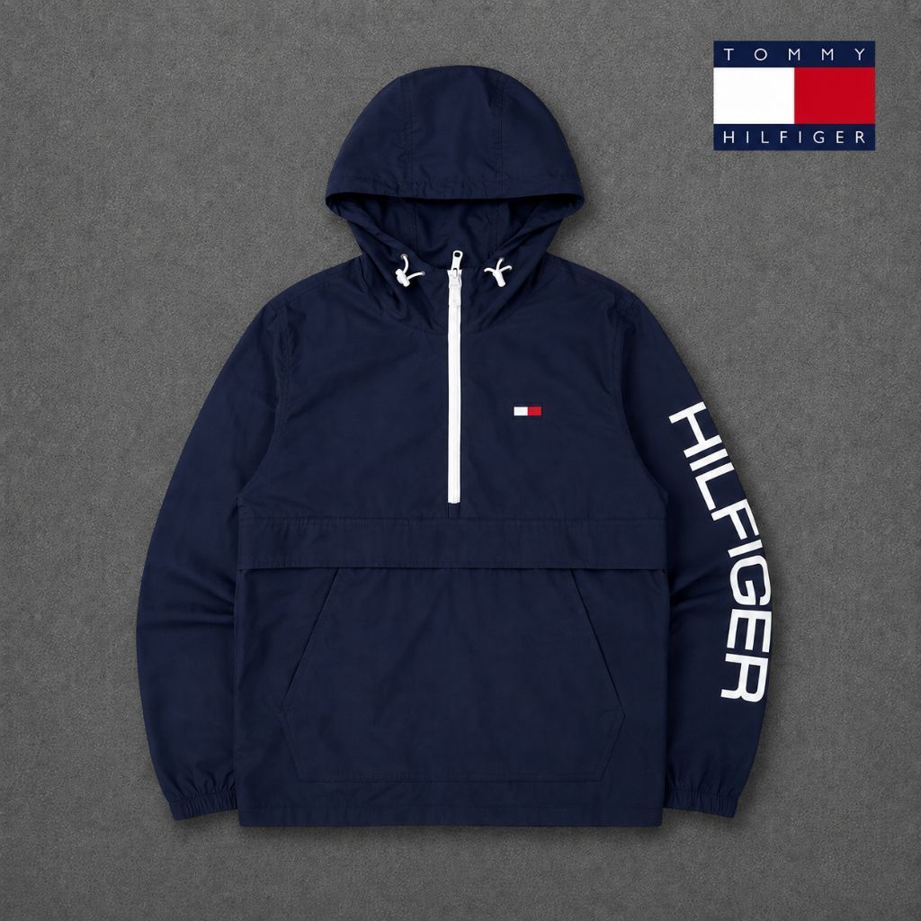Tommy Hilfiger Men's Taslan Retro 1/2 Zip Hooded Windbreaker Anorak Jacket Preloved