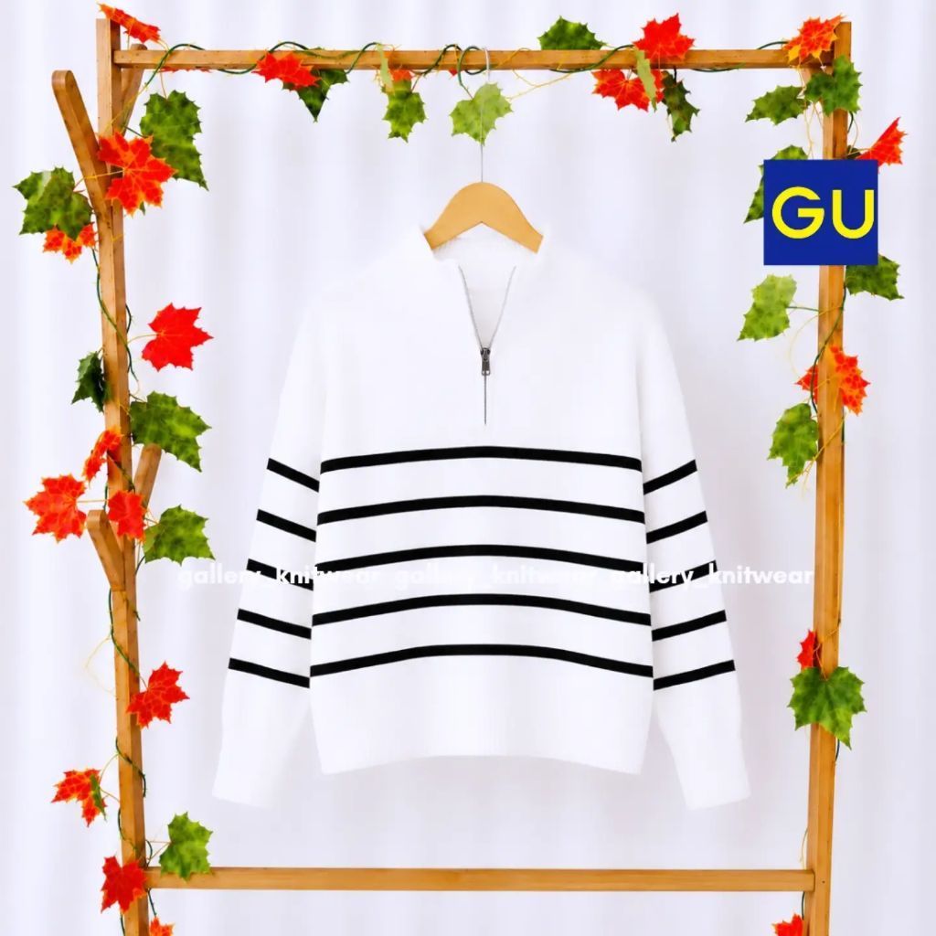 GU Halfzip salur stripe crop rajut kutub katun