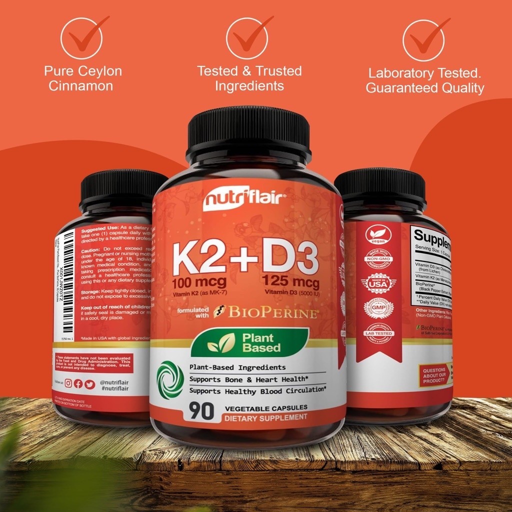 Nutriflair K2 D3 Vitamin K2 MK7 D3 5000 IU with Bioperine 90 Capsules