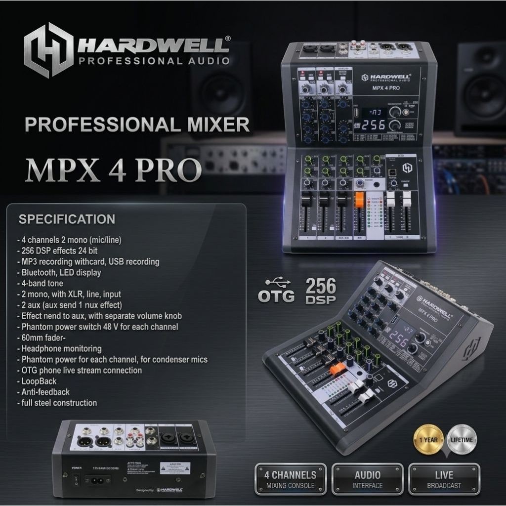 Audio Mixer 4 Channel HARDWELL MPX 4 Pro USB Soundcard Efek Bluetooth 256 DSP