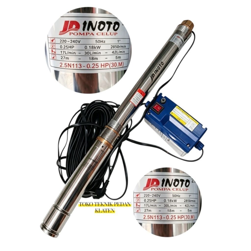 Pompa Submersible Sible Inoto 2.5in 2.5" Pompa Celup + Control Box + Kabel 0.25hp 0,25 inci in dim 2