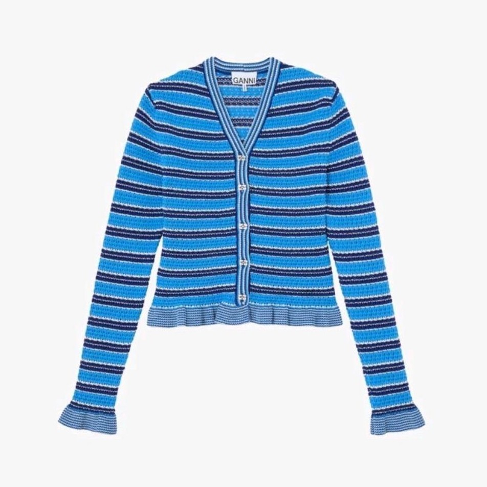 GANNI WOMEN'S - GANNI COTTON POINTELLE STRIPE CARDIGAN - MARINA