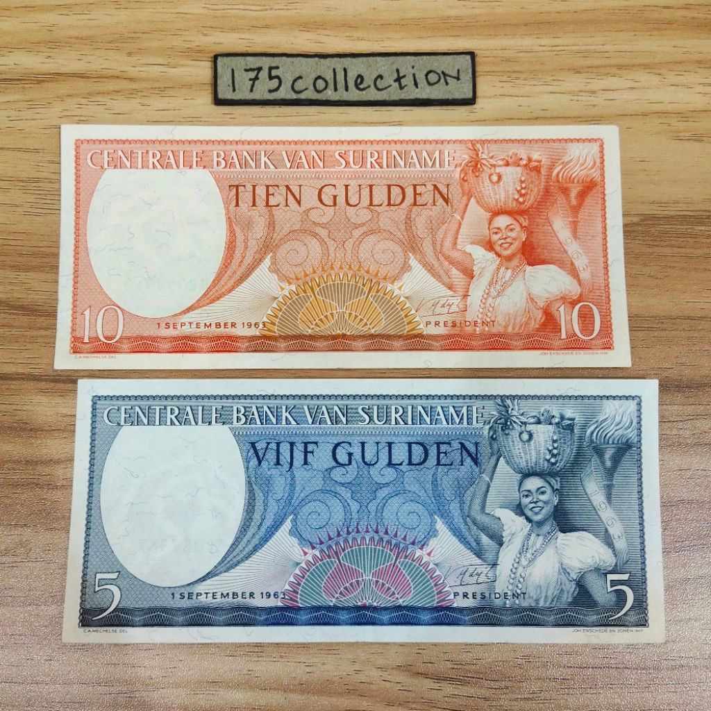 Set Uang Asing Suriname 5 & 10 Gulden - 2 Lembar