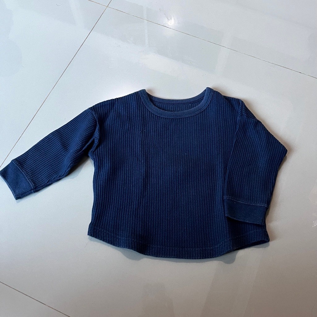(2y) Uniqlo Navy Knit Waffle Sweater Crewneck Longsleeve Kaos Panjang Anak