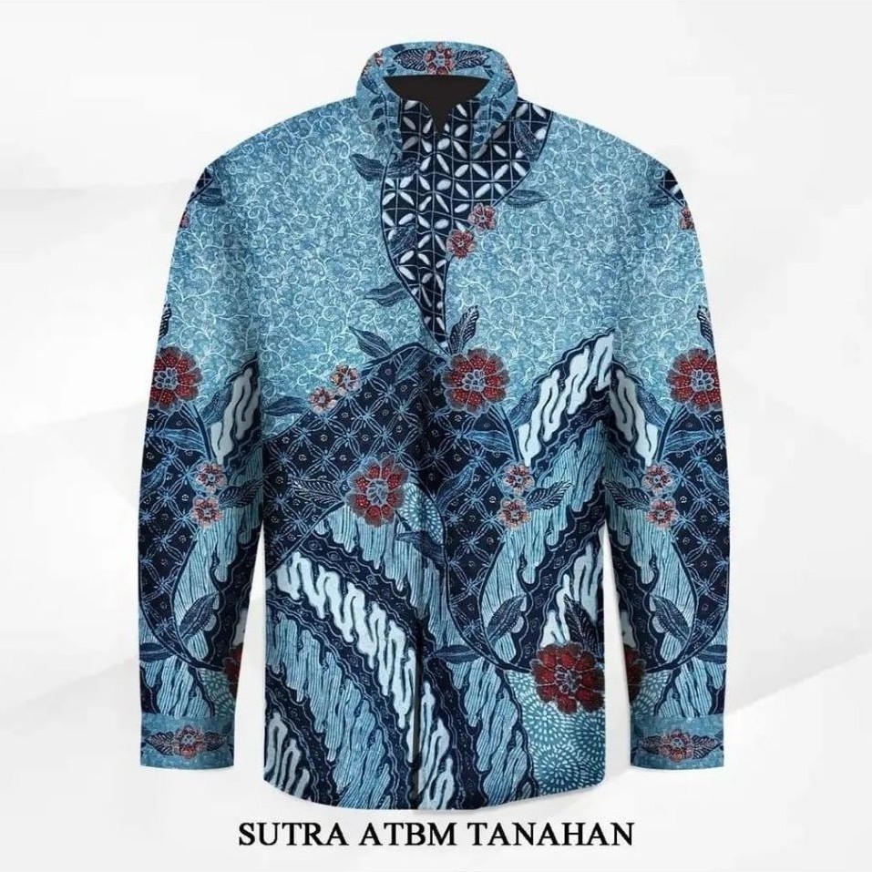 kain batik tulis pria tanahan sutera atbm halus warna biru tosca