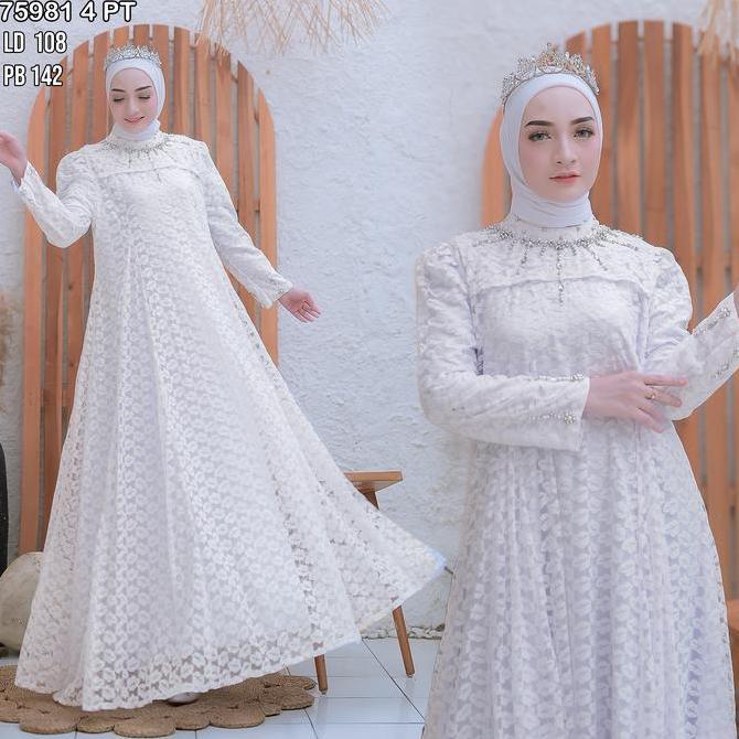 Gamis Brokat Tile Mutiara Motif Daun 75981 Baju Muslim Panjang Vima Mewah