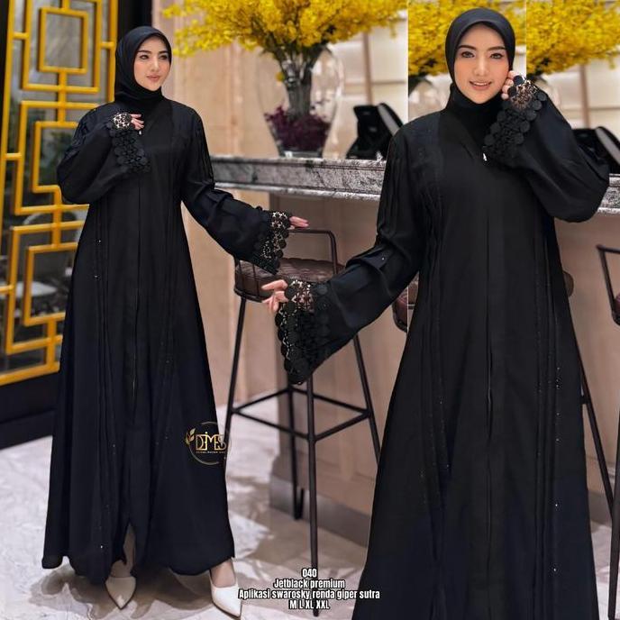 Abaya premium gamis arab jet black madinah renda tangan terbaru 213