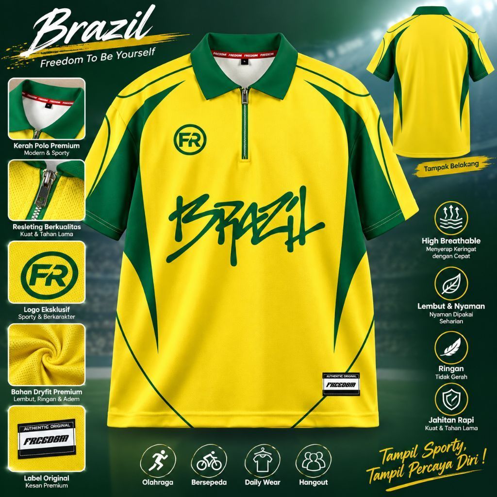 Jersey Polo Premium Brasil Berwarna Kuning Hijau dengan Logo FR dan Tulisan Brasil, Terbuat dari Bah