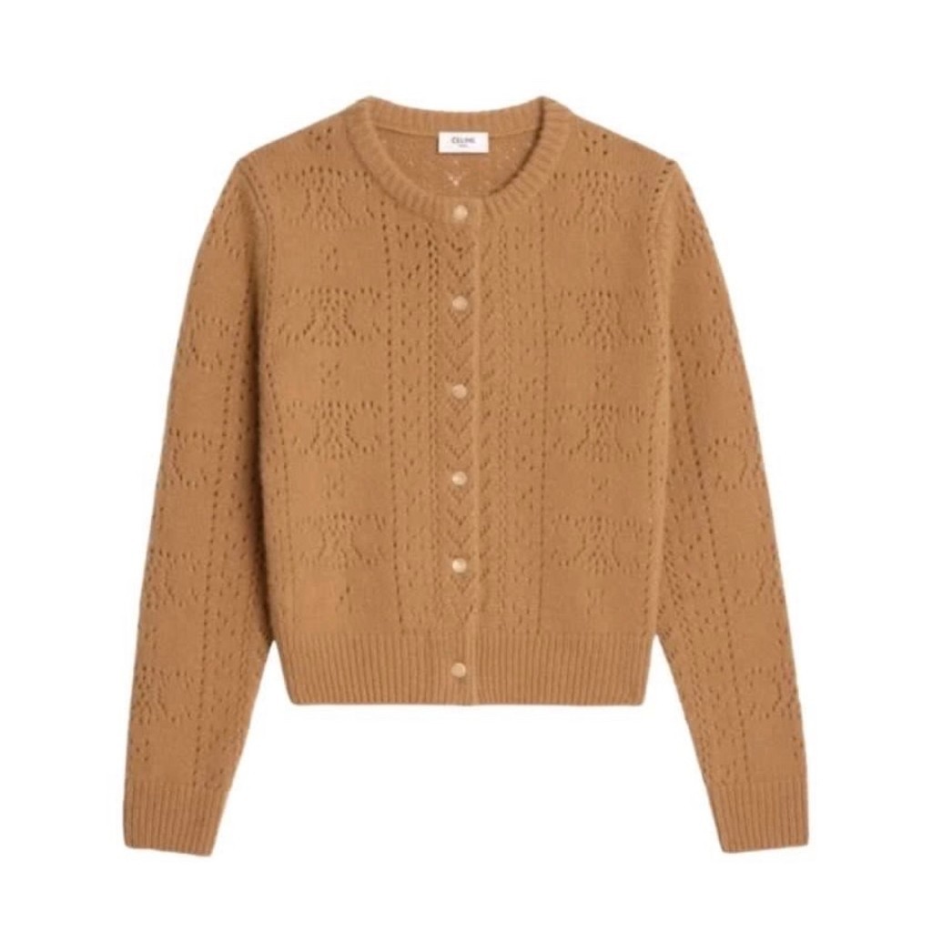 CELINE Camel Button-Up Round Neck Mesh Knit Cardigan Sweater NEW