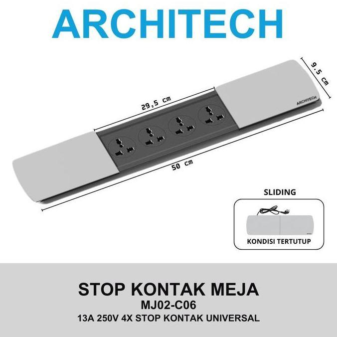 Architech Mj02-C06 Universal Stop Kontak Meja 4 Stopkontak Multi 3Pin Universal Silver