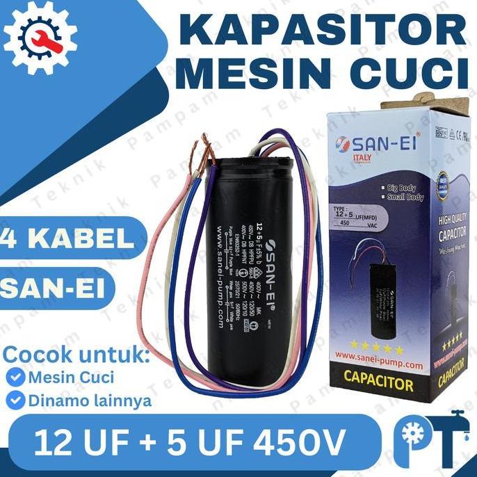 KAPASITOR MESIN CUCI 2 TABUNG 12+5UF 450V SANEI ORIGINAL / CAPACITOR 4 KABEL SAN-EI 12 + 5 UF 450 VO