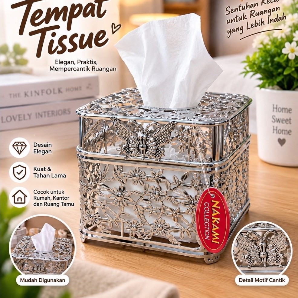 Tempat Tissue PREMIUM BAGUS NAKAMI Collection kotak tissue serbaguna desain elegan motif kupu-kupu w