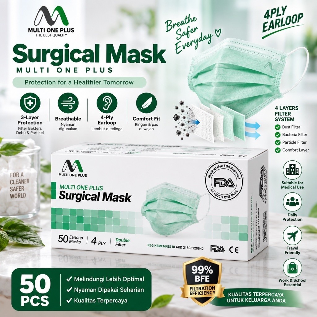 Masker Surgical Earloop Multi One Plus 4 Ply (50 pcs) | Multi One Plus Surgical Mask Earloop 4Ply
