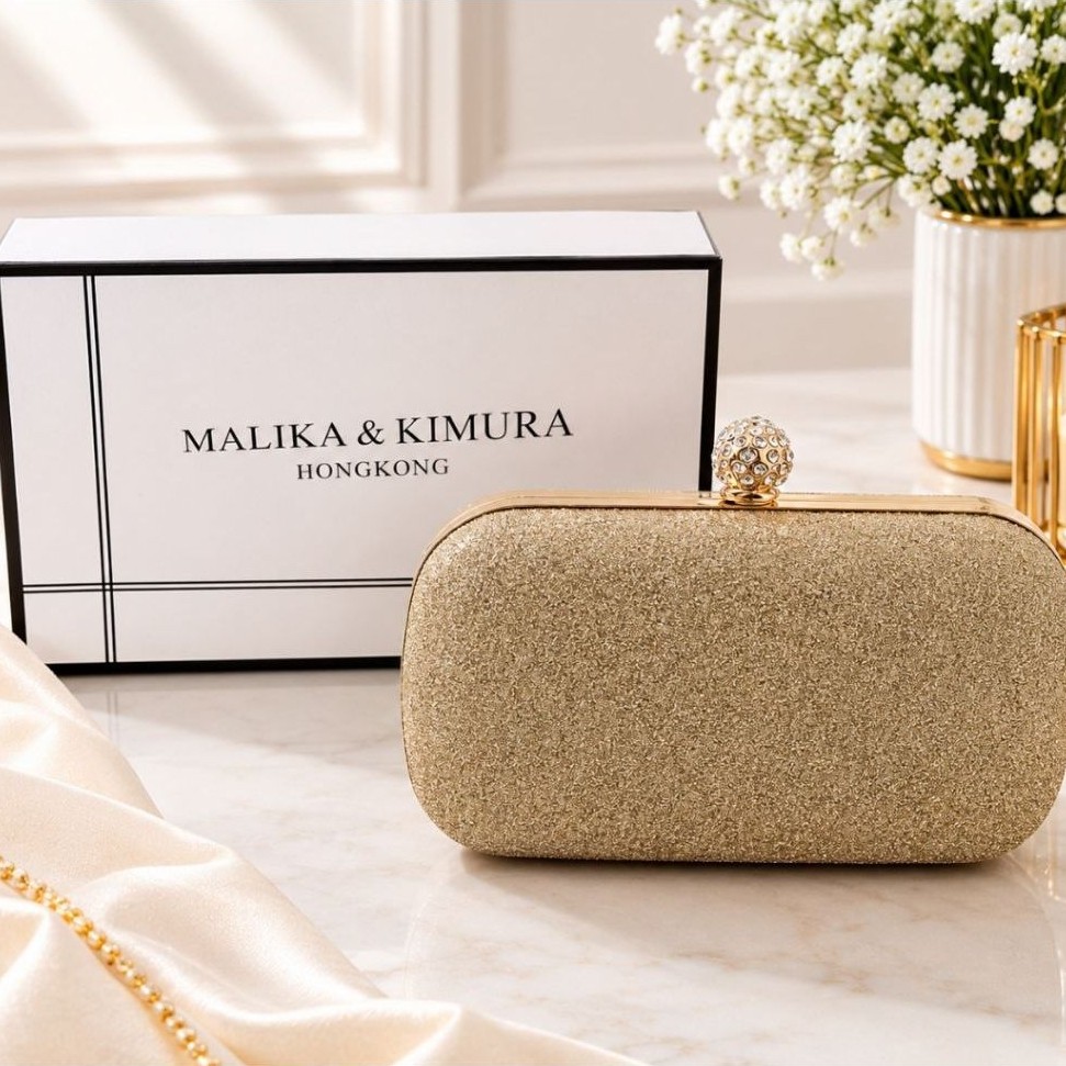 Tas Clutch Wanita MALIKA & KIMURA Hongkong Warna Emas Berkilau dengan Tutup Mutiara