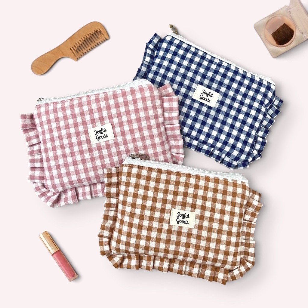 RUFFLE POUCH TAS KOSMETIK MAKE UP POUCH GINGHAM RUFFLE