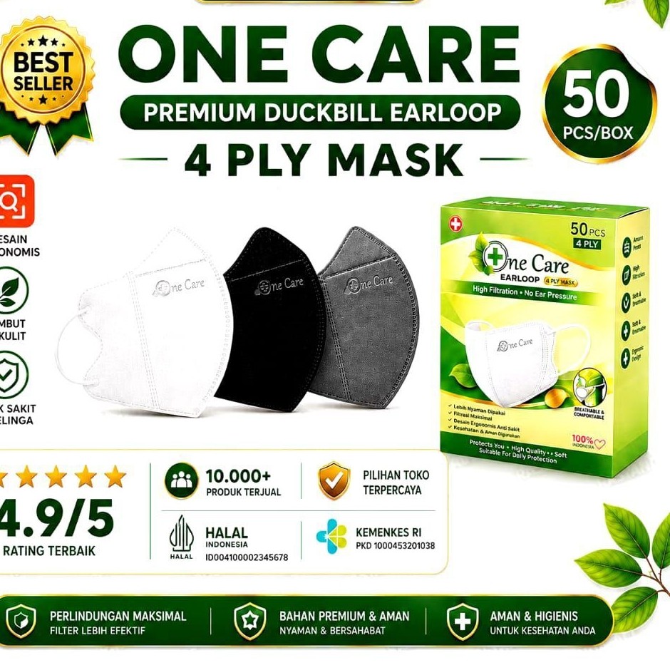 ONE CARE Masker Duckbill Garis 4 PLY isi 50 Pcs Disposable Mask Dewasa Hitam/ Putih