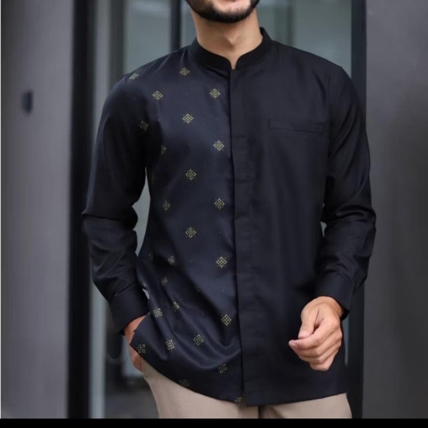 SAVIQ Kemeja Muslim Pria Lengan Panjang Toyobo Printed Formal Hitam Sage Navy Army