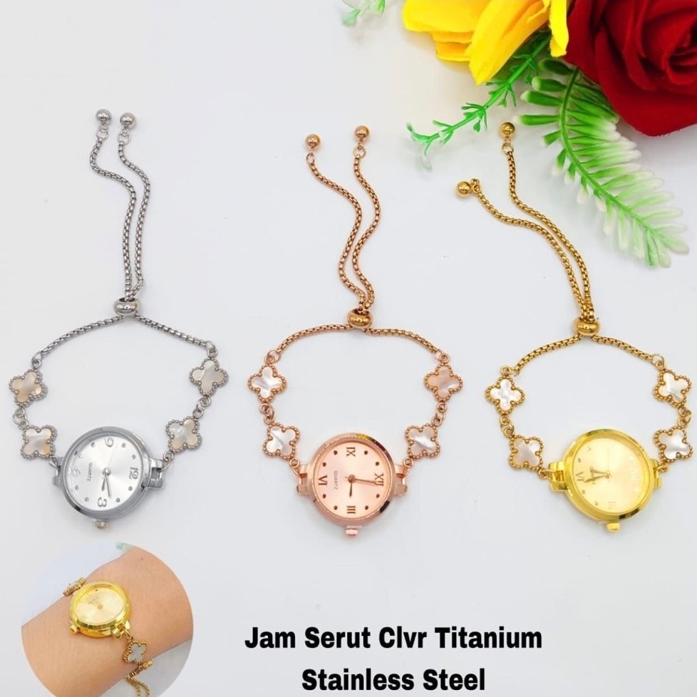 Jam Tangan Serut Bunga Klofer Titanium Emas Perak Rose Gold