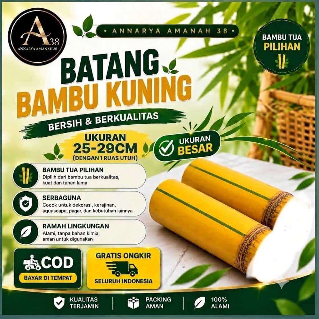 Potongan Batang Bambu Kuning besar Asli ukuran 25-29cm dengan 1 ruas utuh Sudah Bersih - Bahan Keraj