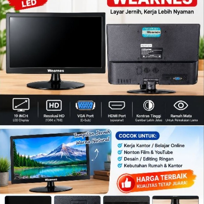 Monitor LED Wearnes 16 Inch HD 1366x768 VGA LCD PC Komputer