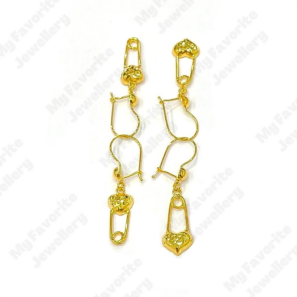 Anting Gantung Peniti Love Hati EMAS ASLI Kadar 700 16K