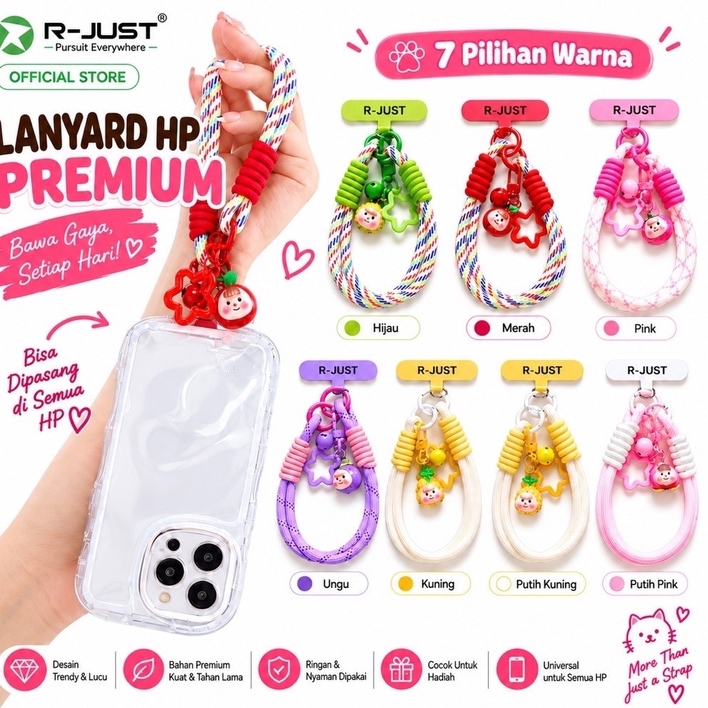 Tali HP Premium R-JUST Resmi GARANSI 1 TAHUN - Pendek Pastel Terbaru Strap Lanyard Gantungan RJUST