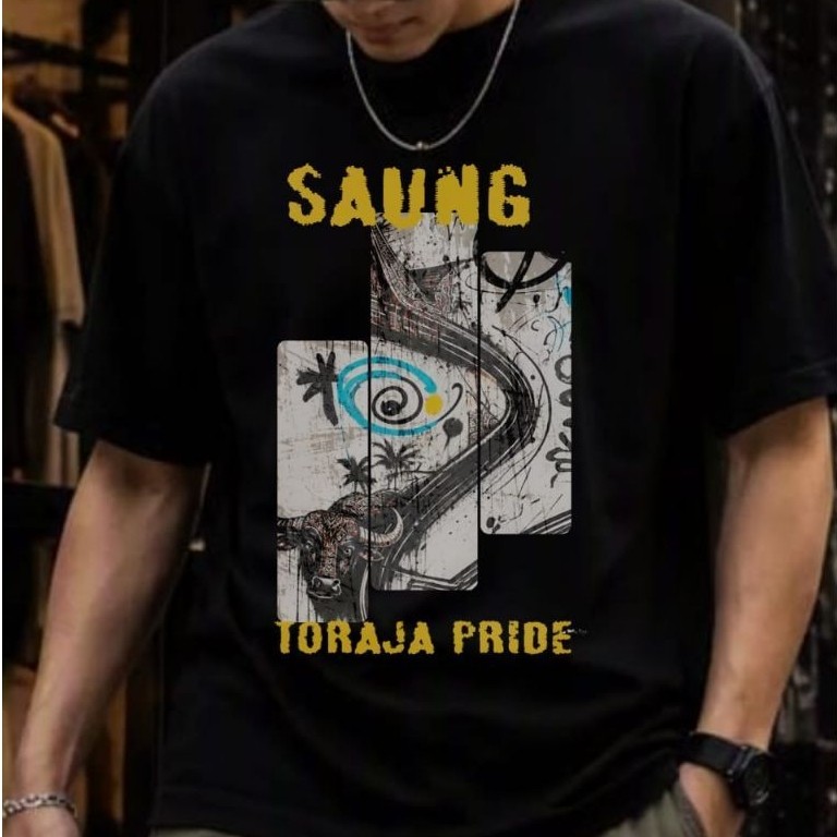 Kaos Pria Hitam SAUNG TORAJA PRIDE Lengan Pendek Motif Grafiki Kasual