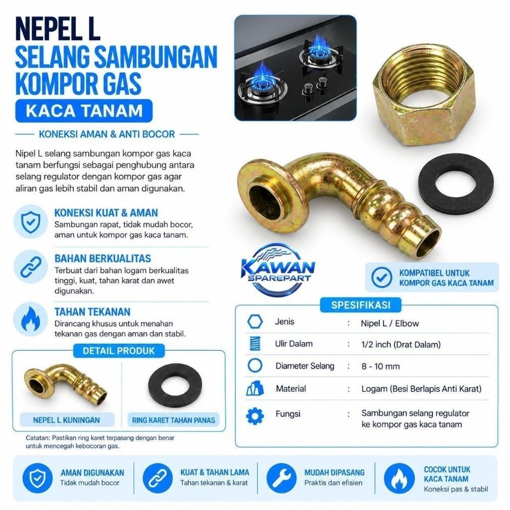 NEPEL L SAMBUNGAN KOMPOR KACA / NEPEL KUNINGAN KOMPOR GAS