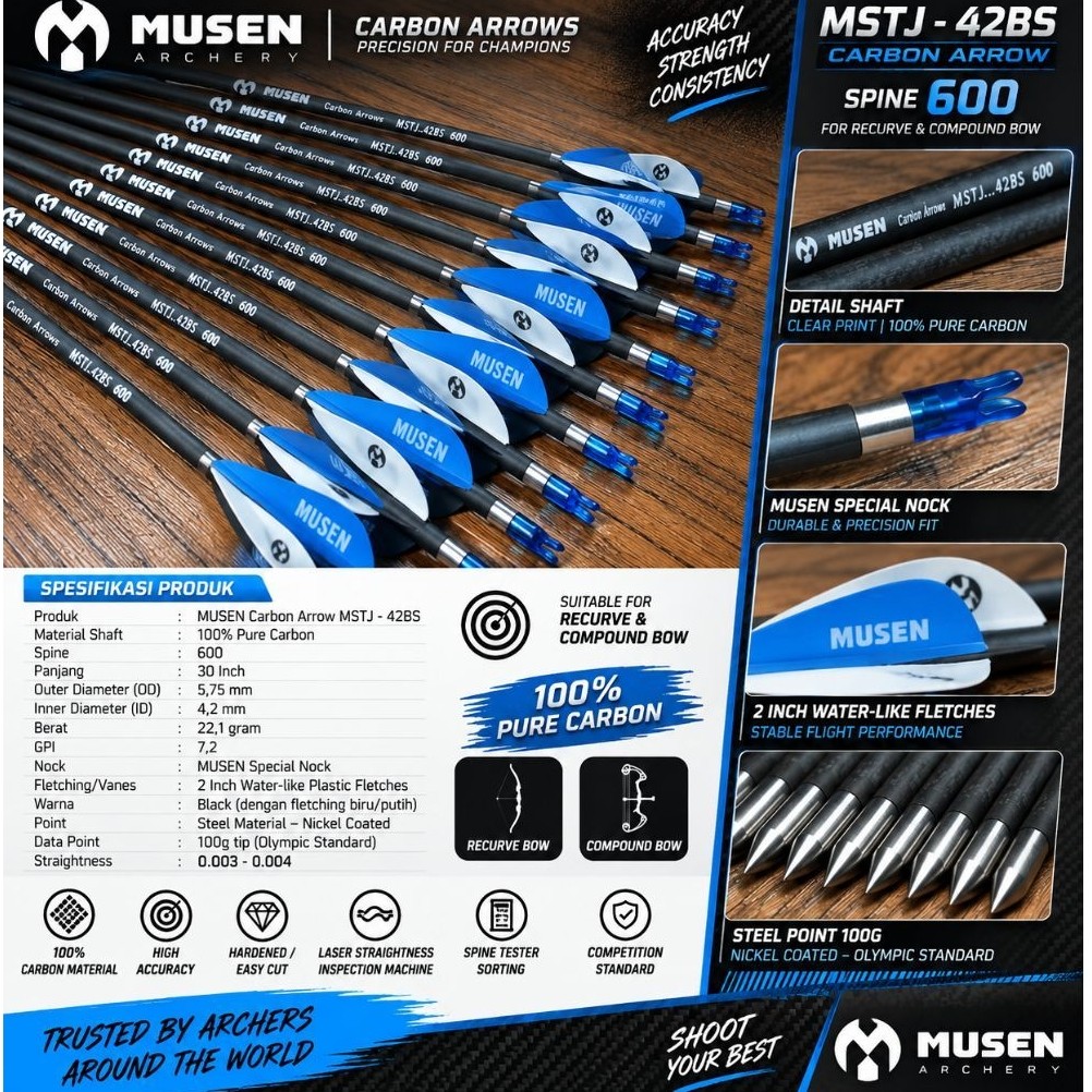 ARROW MUSEN Carbon MSTJ 42BS Pure Carbon OD 5.75mm ID 4.2mm 30 Inch Pin Nock Recurve Compound Archer