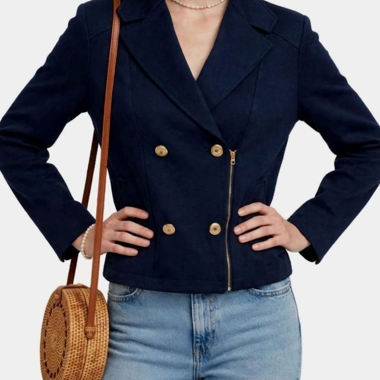 Blazer Crop Navy Dongker Kancing Gold Resleting Samping | PRELOV PL 568