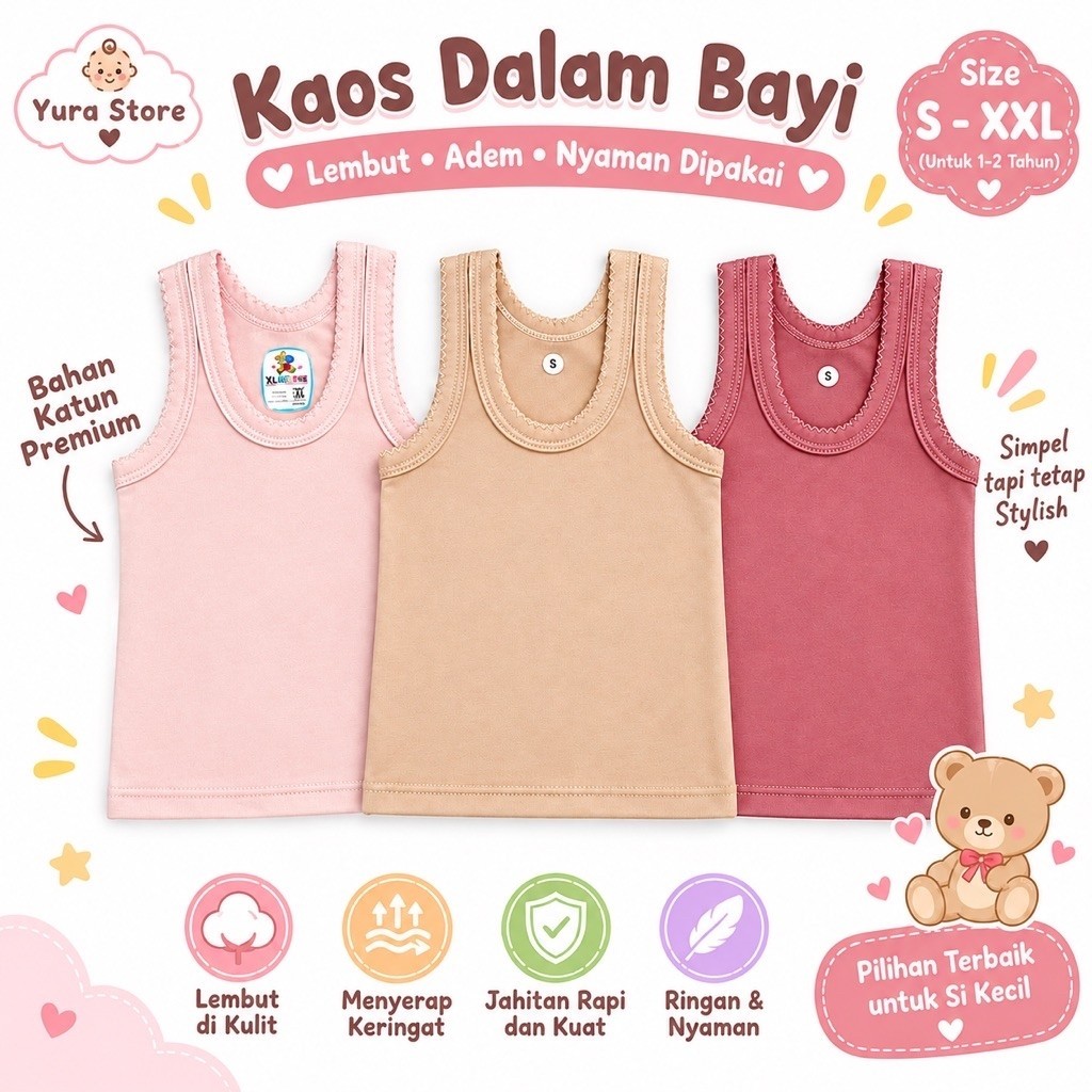 Singlet Kaos Dalam Bayi / Anak Ukuran Komplit Putih Coklat Dan Warna Muda