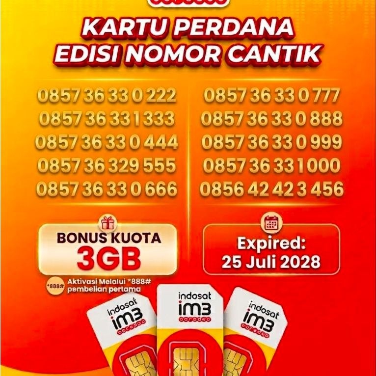 Kartu Perdana Indosat iM3 Bonus Kuota 3GB Edisi Nomor Cantik Triple Digit