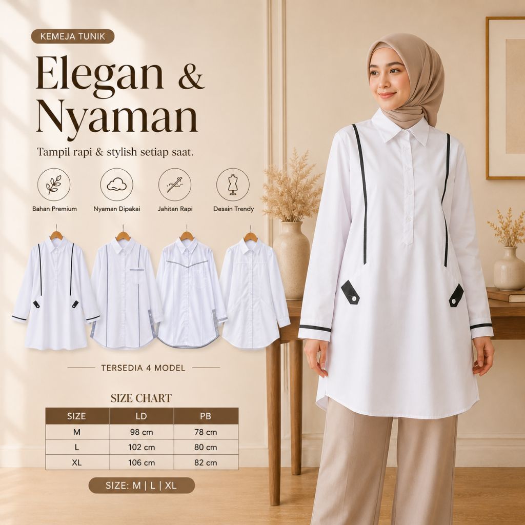 Baju Tunik Putih Wanita Muslimah Santri Putri Santriwati Elegan Kekinian Bahan Katun