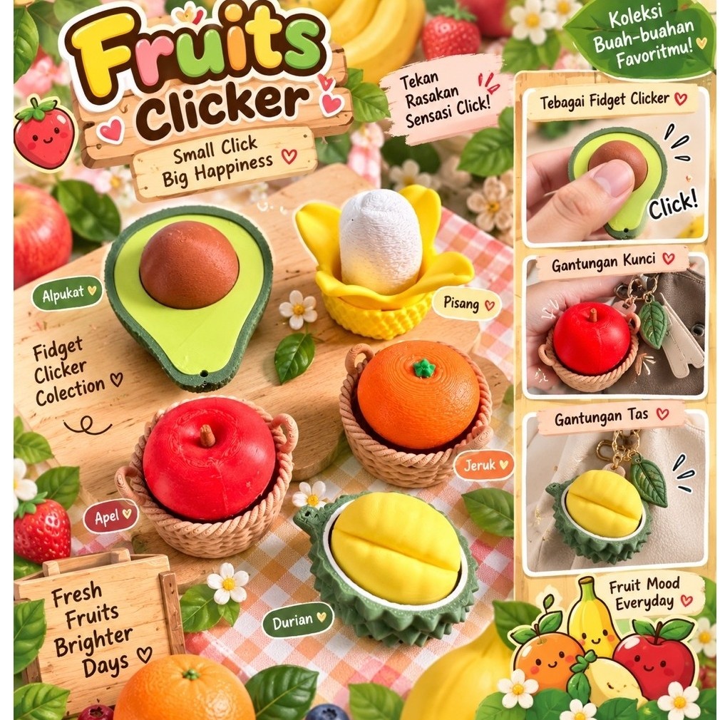 Fruits fidget clicker | Gantungan kunci fidget clicker 3D | Fidget clicker murah | Keyboard clicker 