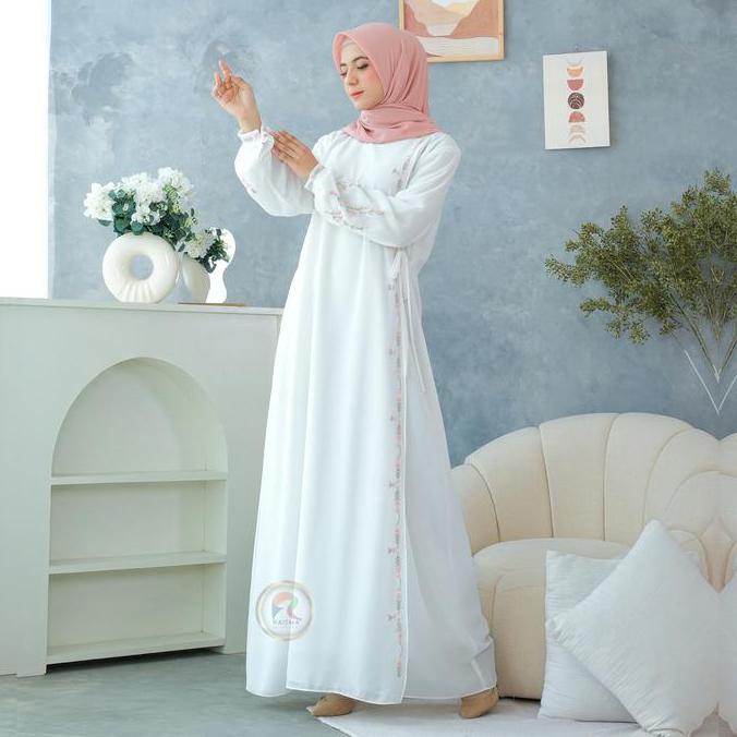 Raisma - Ivanna Gamis Syar'i Putih Tulang Premium Elegan Model Verslah Kait Samping Kombinasi Bordir