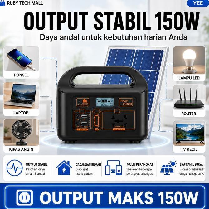 Power Station Genset Portable Pembangkit 150W 50000mAh Baterai Badak Solar Panel Expose Pasokan Daru