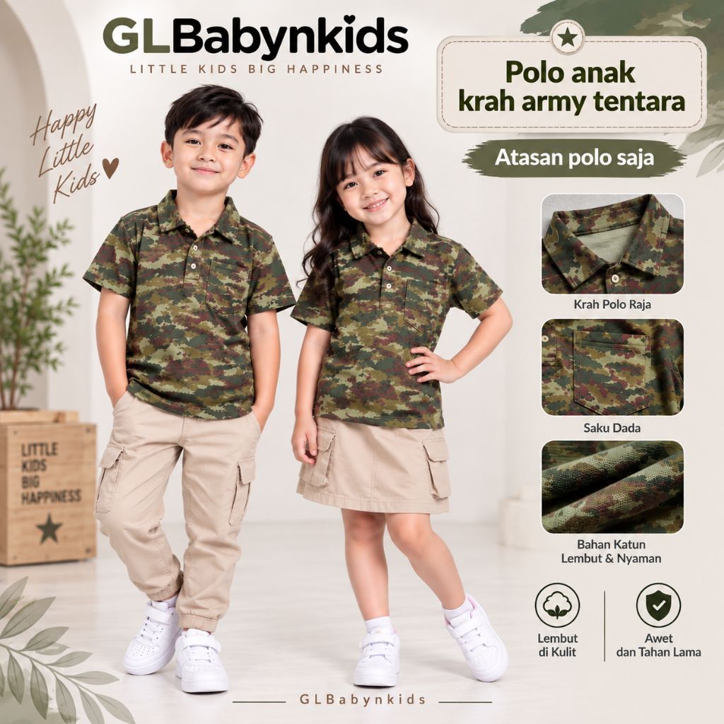 [GLbabynkids] Atasan Kaos Polo Krah Anak Army Doreng Tentara Kaos Katun Premium SNI