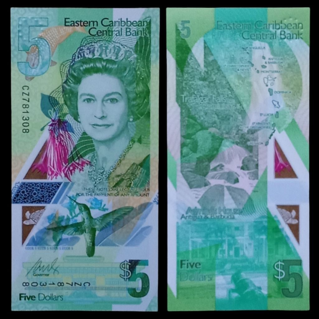 Uang Asing Eastern Carribean 5 Dollars Polimer, UNC