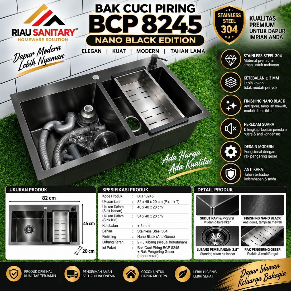 kitchen sink wastafel / sink meja 8245 set 2 lubang sama besar black.