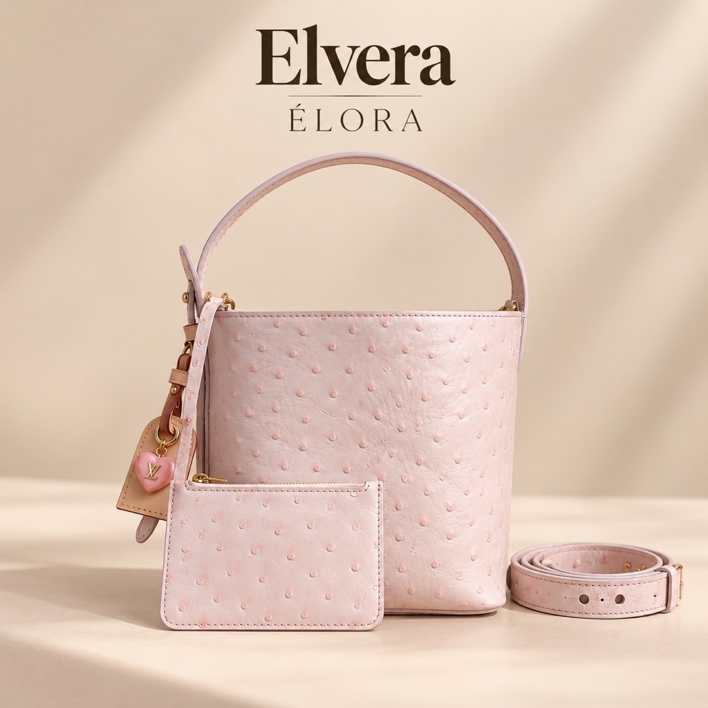 ELVERA ÉLORA — Pink Ostrich Leather Bucket Bag