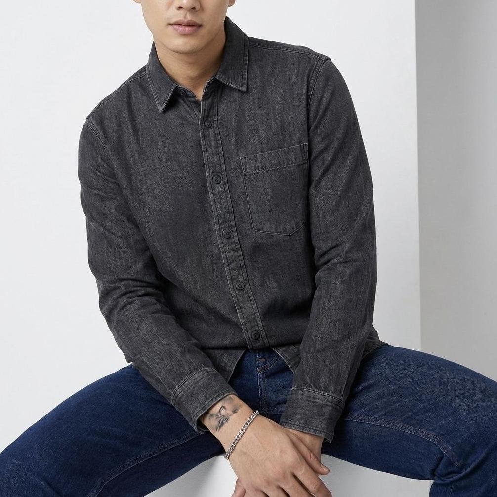 Best Seller Wrangler Kemeja Denim Pria Lengan Panjang Black Wash Original - Kemeja Jeans Hitam Cowok