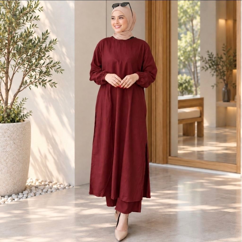 Helma Set Setelan Wanita Linen Rami Tunik Kulot Muslim One Set