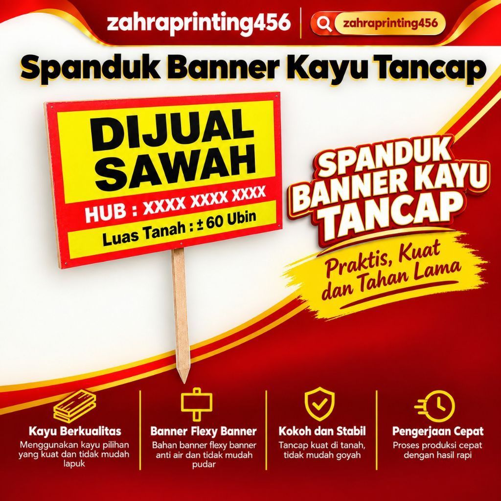 Spanduk banner kayu Tancap tanah kavling,  spanduk sawah di jual,  spanduk sawah di jual