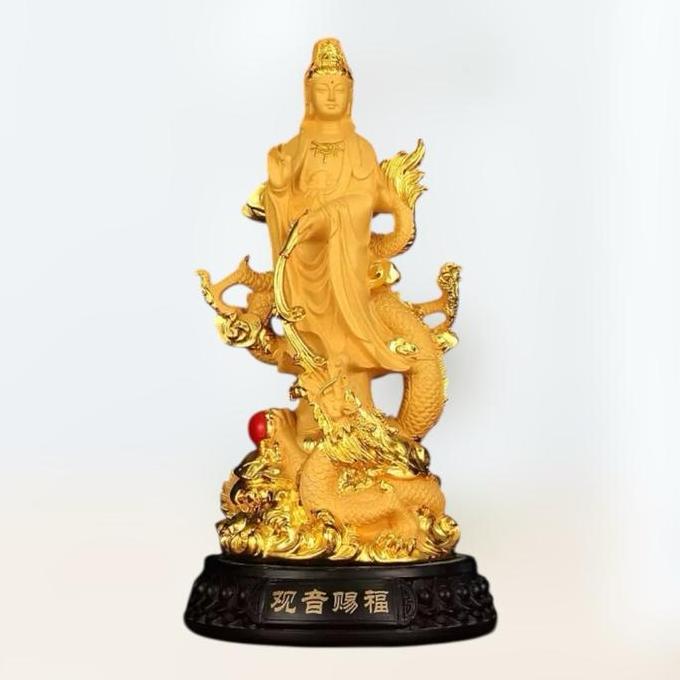 Patung Kwan Im Emas dengan Naga Emas | Hiasan Fengshui Hoki / Pajangan Guan Yin Dragon statue dewi b