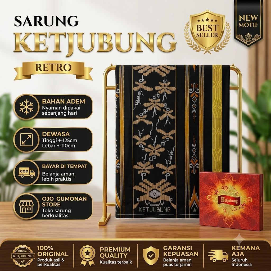 Sarung ketjubung Red Retro ATBM Gold (TJM,TCW,CLS,TPI) Jahit Tengah Original Terbaru