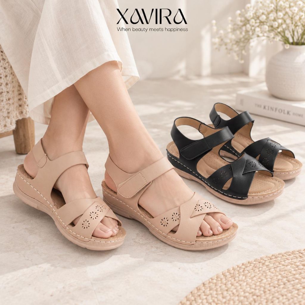 Xavira Santika Sepatu Sandal Sendal Wanita Import Wedges Tapak Tebal Kulit Sintetis Anti Slip Licin