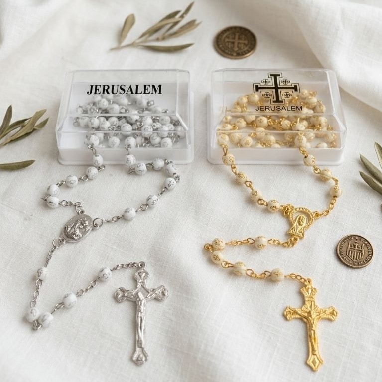 Rosario Gambar Salib Gold / Silver 8mm + Box Jerusalem - Rosario Jerusalem - Rosario Tanah