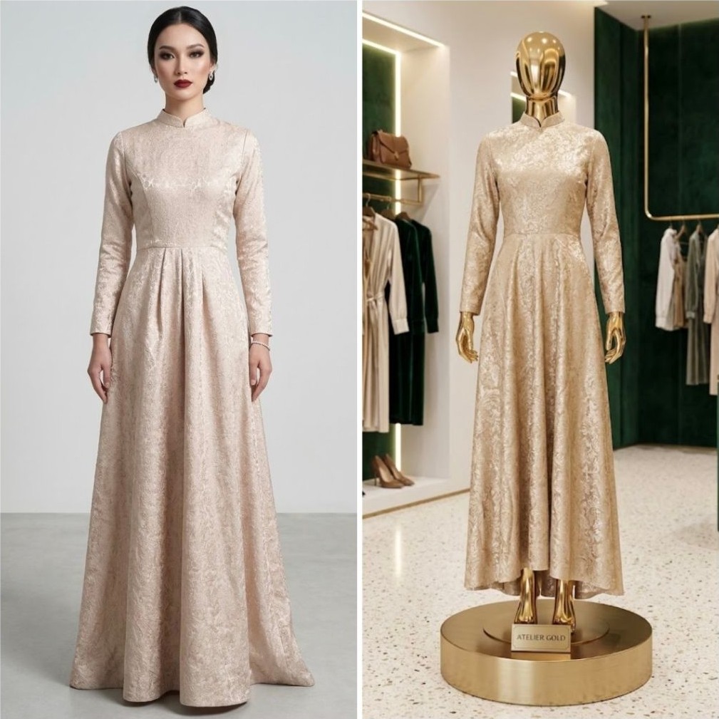 LONG DRESS PESTA GAMIS MEWAH ROSE. GOLD